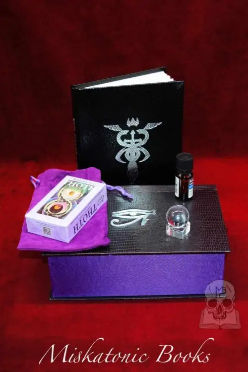 BOOK OF THOTH – HORUS SET, Aleister Crowley, (Thoth Tarot Deck, Crystal Ball, Book, Anointing Oil, Custom Box)